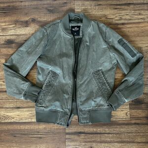 Hollister Green Bomber Jacket Womens XS Distressed Winter Coat